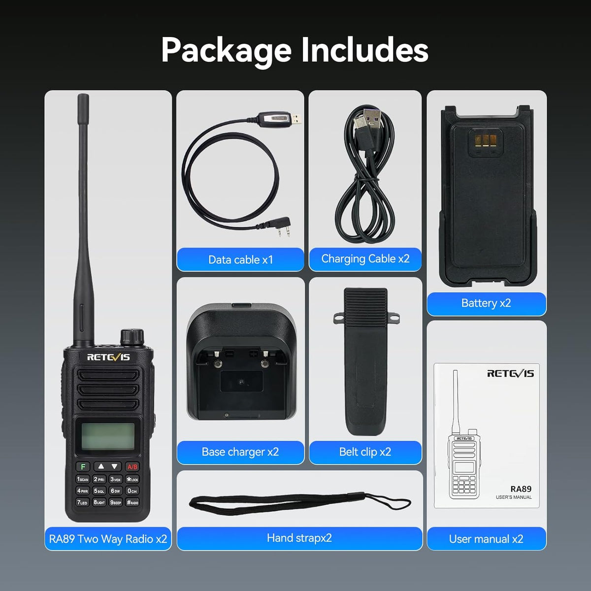 Retevis RA89 Hamradio, Krachtig, IP68 Waterdicht, Dual-band Amateurradio, VFO, 2500 mAh Batterij, Type-C Oplaadbare Walkietalkie, Eenvoudig te Koppelen voor Noodhulp, Off-road (2 Stuks, Zwart)