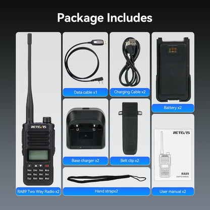 Retevis RA89 Hamradio, Krachtig, IP68 Waterdicht, Dual-band Amateurradio, VFO, 2500 mAh Batterij, Type-C Oplaadbare Walkietalkie, Eenvoudig te Koppelen voor Noodhulp, Off-road (2 Stuks, Zwart)
