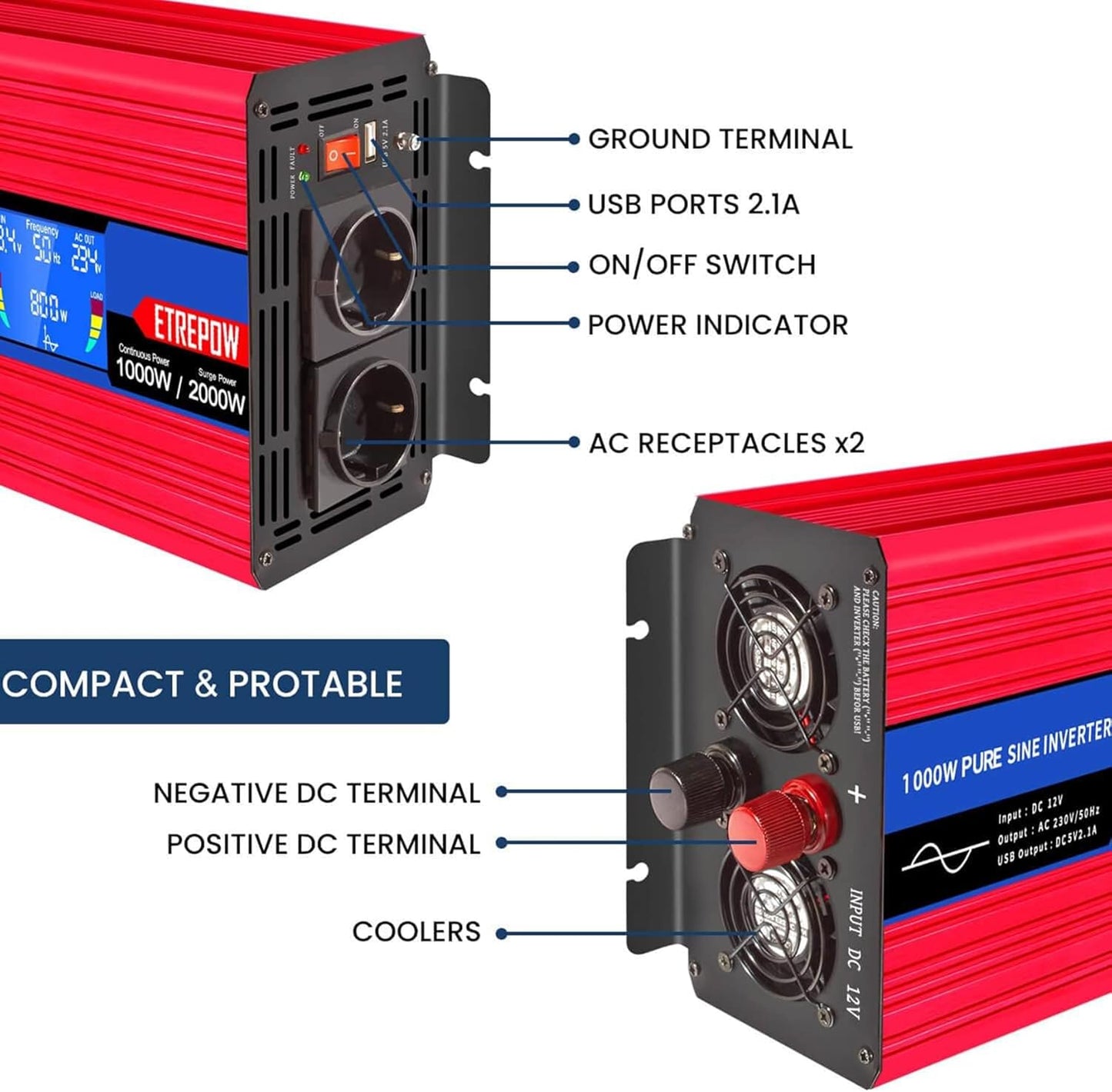 1000w/2000W Omvormer Zuivere Sinus Spanningsomvormer 12v 230v Stroomomvormers met 2 EU-stopcontact en 1 USB-poort, Draadloze Afstandsbediening, LCD-Scherm
