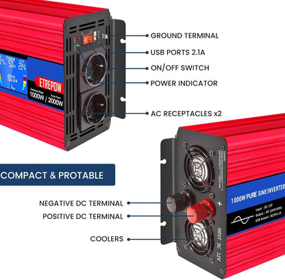 1000w/2000W Omvormer Zuivere Sinus Spanningsomvormer 12v 230v Stroomomvormers met 2 EU-stopcontact en 1 USB-poort, Draadloze Afstandsbediening, LCD-Scherm