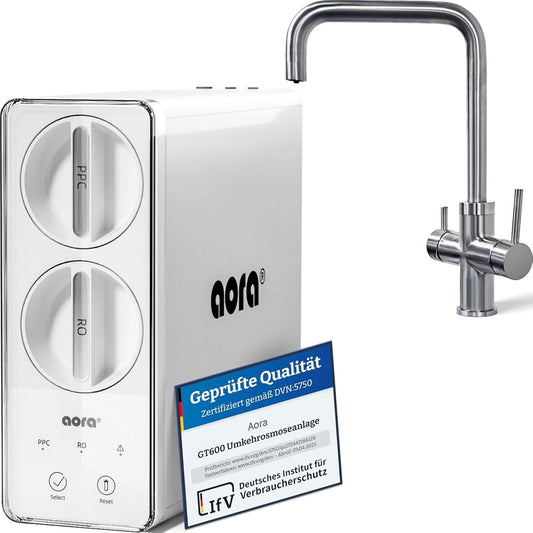 aora GT600 omgekeerde osmose-installatie + 3-weg roestvrijstalen armatuur zonder boren – osmose-waterfilter met 8-traps filtratie en filterwisseling in 3 seconden – osmose-installatie ondertafel +