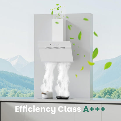 FIREGAS schuine afzuigkap 60 cm,energieklasse A+++, 684 m³/h, 9 standen,touch-en gebarenbediening, recirculatie/luchtafvoer, met LED-verlichting, inclusief actief koolstoffilter en afvoerslang,wit
