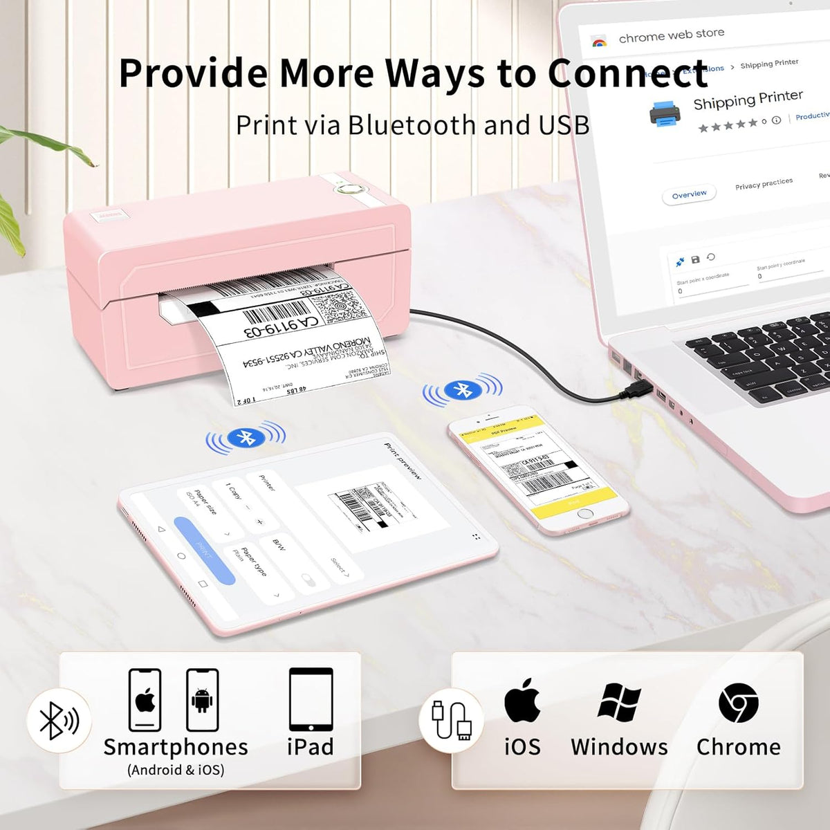 JADENS Bluetooth thermische labelprinter 4x6, roze draadloze verzendlabelprinter voor kleine bedrijven en pakketten, compatibel met iOS, Android, Mac, Windows, Amazon, Etsy, Ebay, Shopify