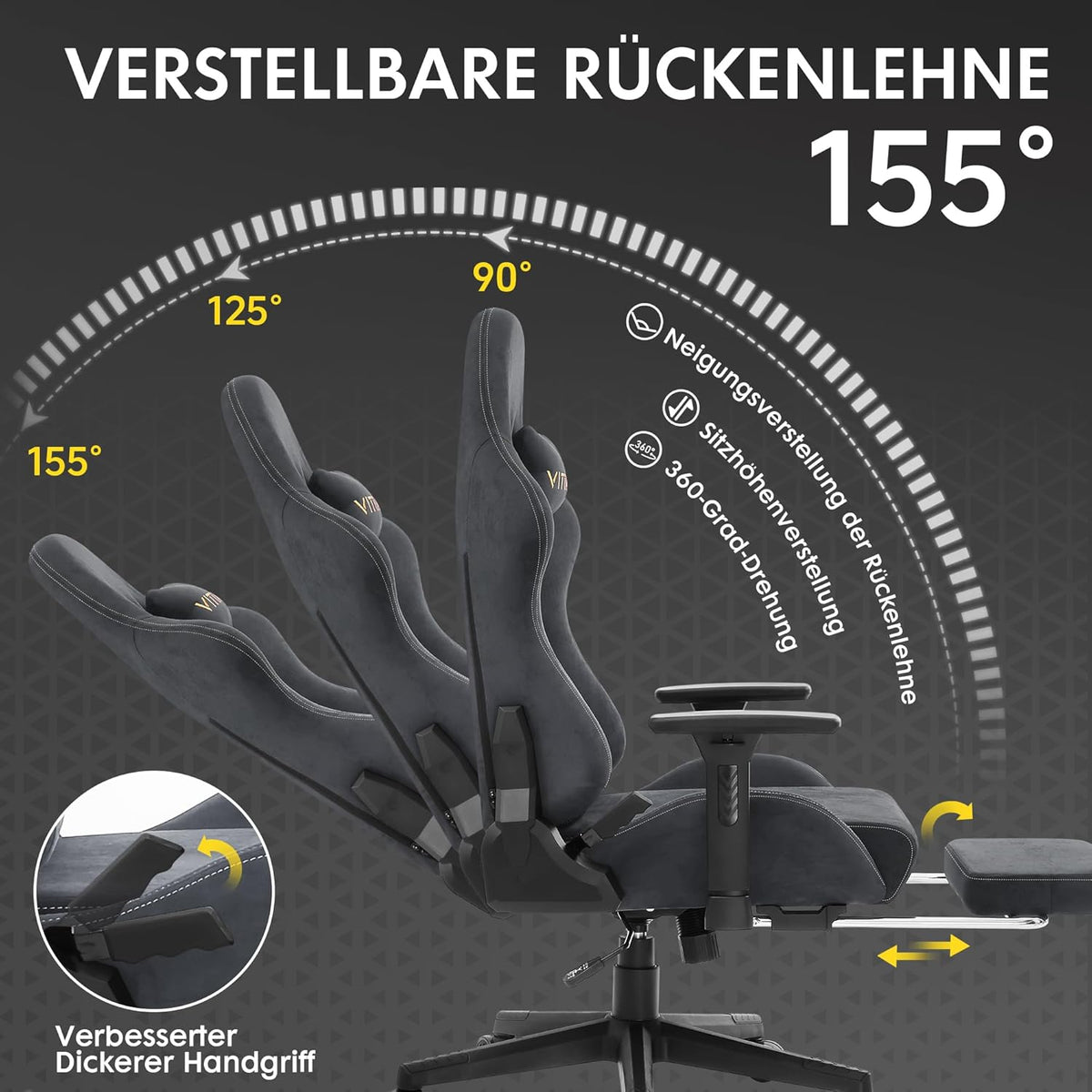 Vittanly Gaming Chair, Luxury Breathable Faux Suede Ergonomic Gaming Chair with Footrest, Headrest and Lumbar Cushion, 3D Armrests, 90-155 Degree Backrest, Grey - QUORE
