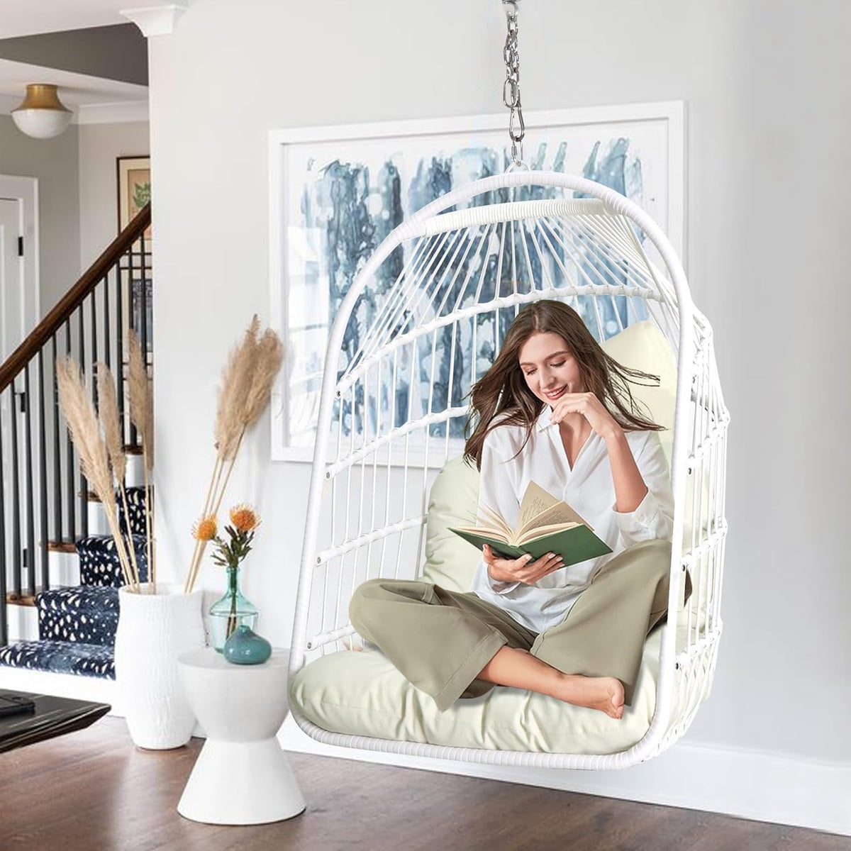 Chihee Opvouwbare rieten rotan hangstoel schommel - binnen/buiten patio rieten hangstoel met roestvrijstalen hangset ketting schakel UV-bestendig kussen voor slaapkamer/balkon