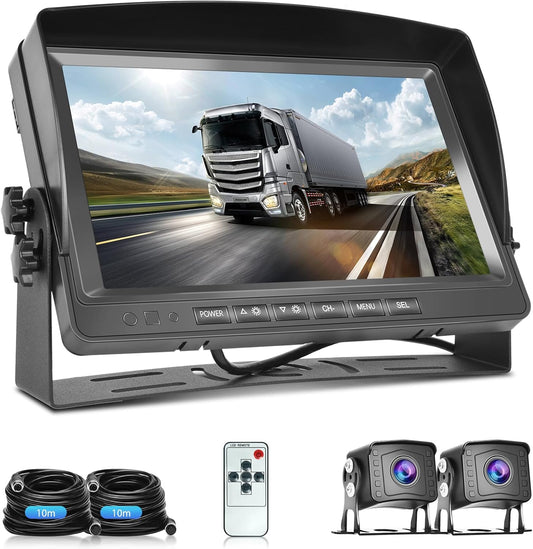 Achteruitrijcameraset, 9-inch LCD-monitor met 2 AHD-achteruitrijcamera's, IP69 waterdicht, nachtzicht met 10 m + 10 m kabel, voor auto's, pick-ups, vrachtwagens, kleine campers, campers DC12V-35V