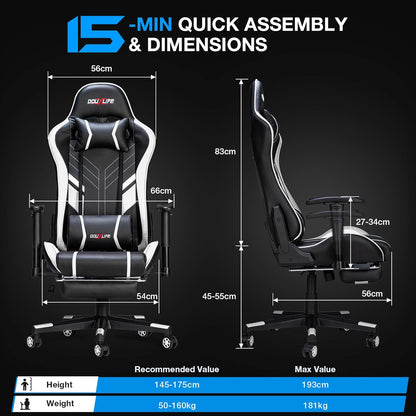 Douxlife Gaming Stoel, met 7-punts Massage, Ergonomische bureaustoel met Voetensteun, 90-175° Rugleuning Instelbaar, Verstelbare 2D-Armleuning, PC-gamerstoel, Bureaustoel, 180 kg, Zwart-wit
