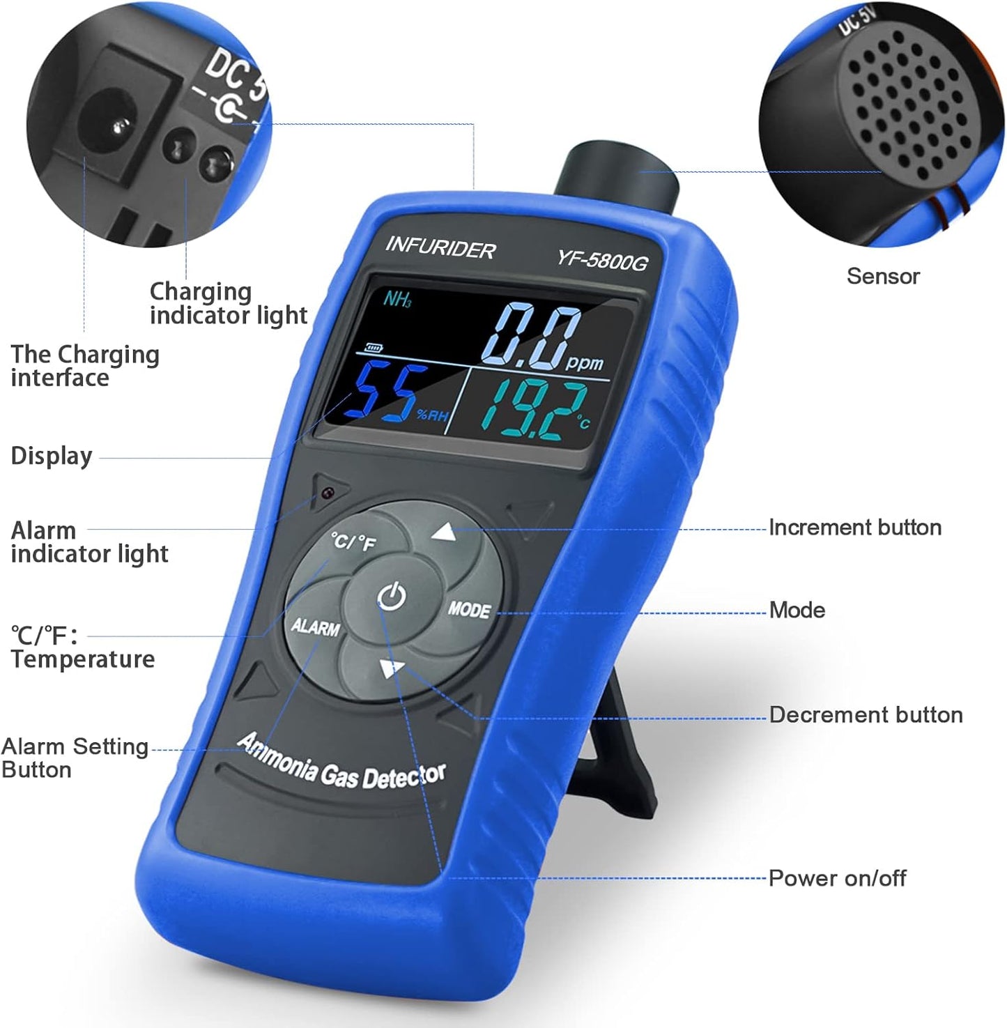 Portable Ammonia Gas Detector, USB Rechargeable NH3 Gas Monitor with Audible & Visual Alarm, Ammonia Meter Range 0-100ppm with 0.1ppm Resolution for Farm, Pig & Livestock(INFURIDER YF-5800G)