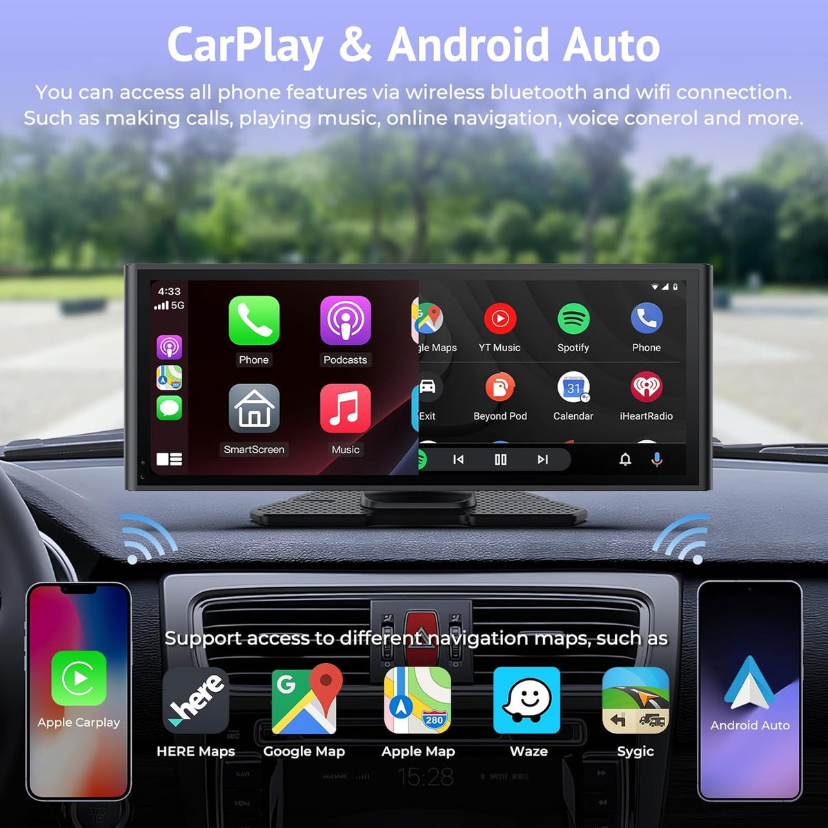 Carplay scherm voor auto 10,3 inch HD IPS draadloos compatibel met Apple Carplay & Android Auto, Touch Car Play Screen met SuperLink, 4K Dash Cam, 1080p Backup Camera, Loop Recording, Bluetooth Audio
