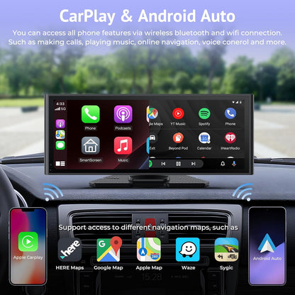 Carplay scherm voor auto 10,3 inch HD IPS draadloos compatibel met Apple Carplay & Android Auto, Touch Car Play Screen met SuperLink, 4K Dash Cam, 1080p Backup Camera, Loop Recording, Bluetooth Audio
