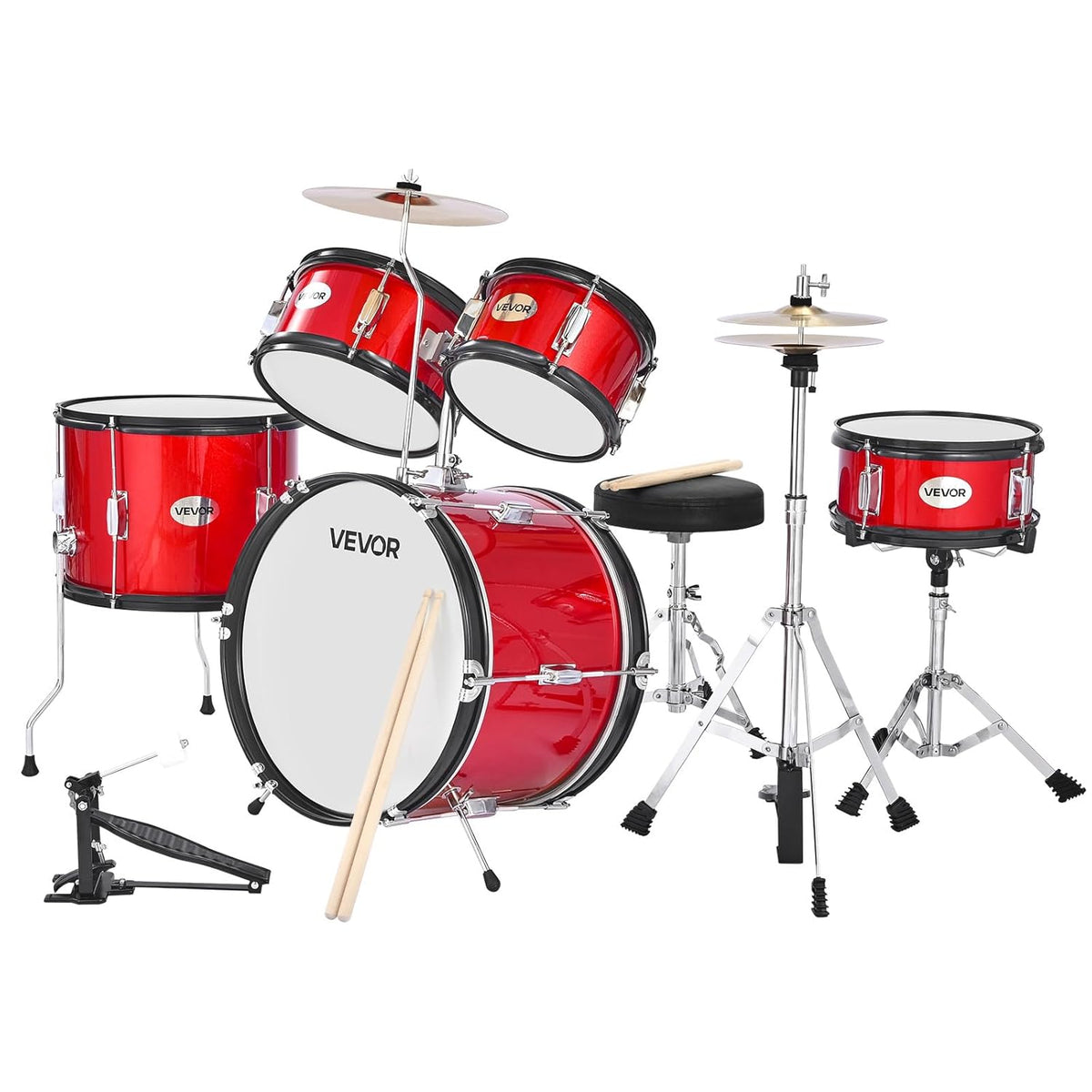 VEVOR Kinderdrumset, 5-delige 16" Junior Drumsets, Beginner Drums Set met Verstelbare Troon, Bekken & Twee Paar Drumsticks, Muzikaal Leren Drums Instrumenten Kit, voor Kinderen Leeftijd 6-13 (Rood)