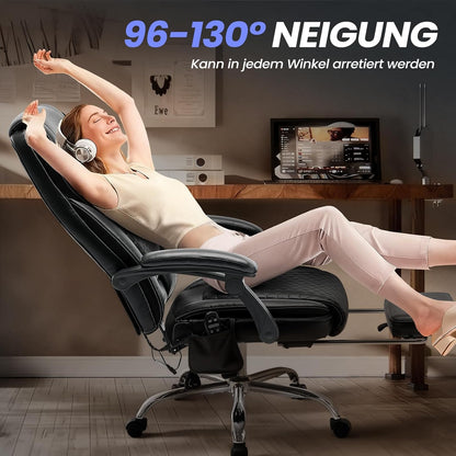 COLAMY Ergonomische managersstoel van leer met 6-punts massage en 3-traps verwarmingsfunctie, in hoogte verstelbaar, verstelbare rugleuning, uittrekbare voetensteun, kantoor en thuiskantoor, zwart