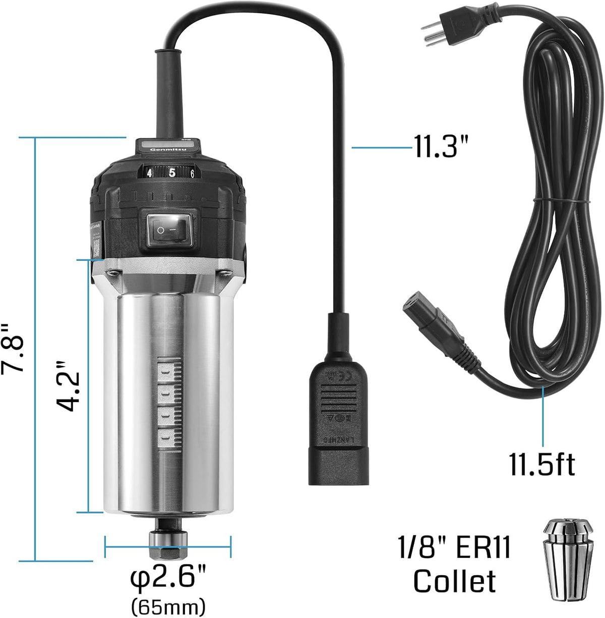 Genmitsu 710 W CNC-compacte frees, 65 mm diameter, spindelmotor met digitaal lcd-display, 6 instelbare snelheden, 1/8" ER11 spantang, 4 koolborstels, voor CNC-freesmachines