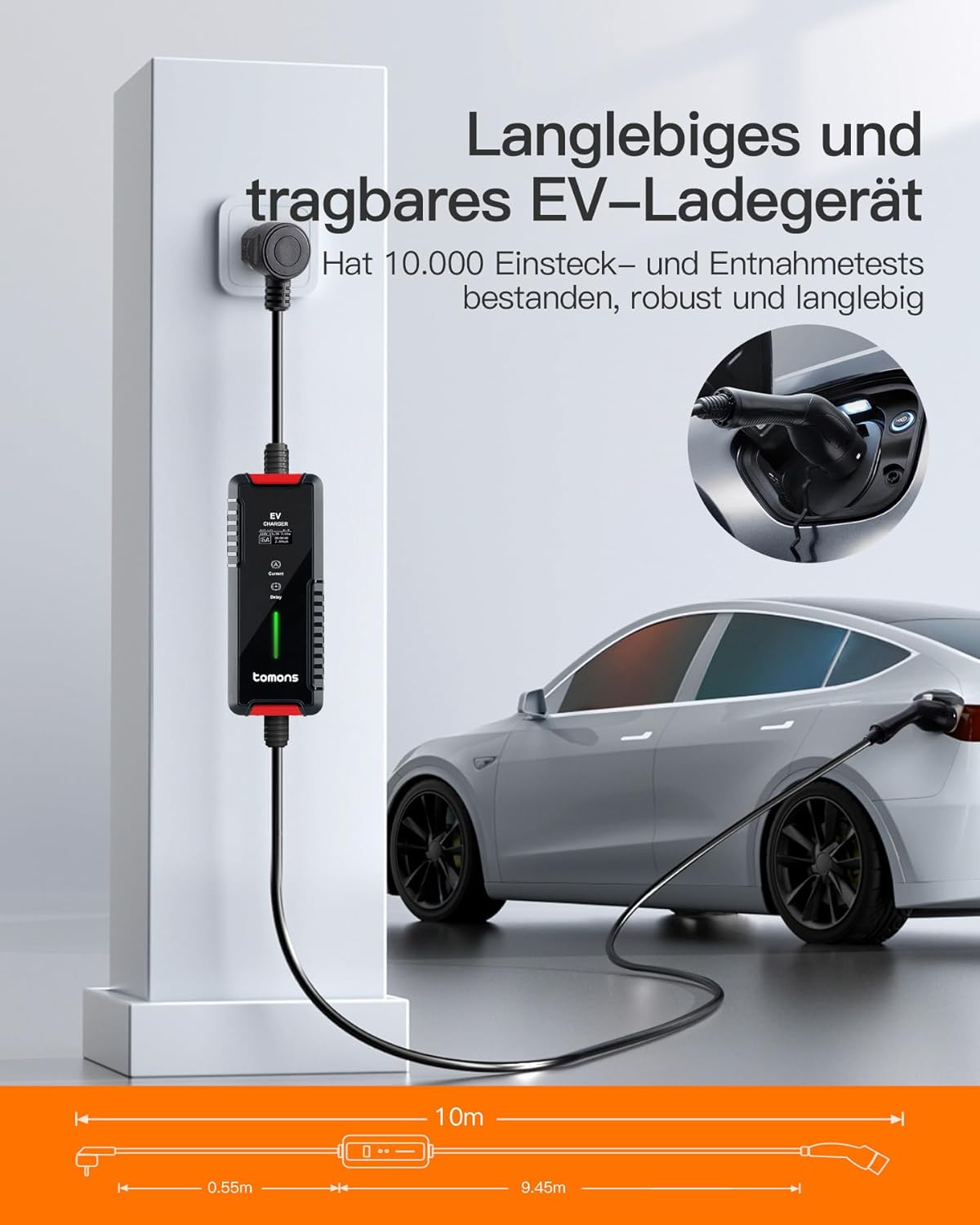 tomons Type 2 oplaadkabel Schuko 3,68 kW, eenfasig, 6-16A, 10M, EV oplader met regelbaar digitaal display en vertragingsfunctie