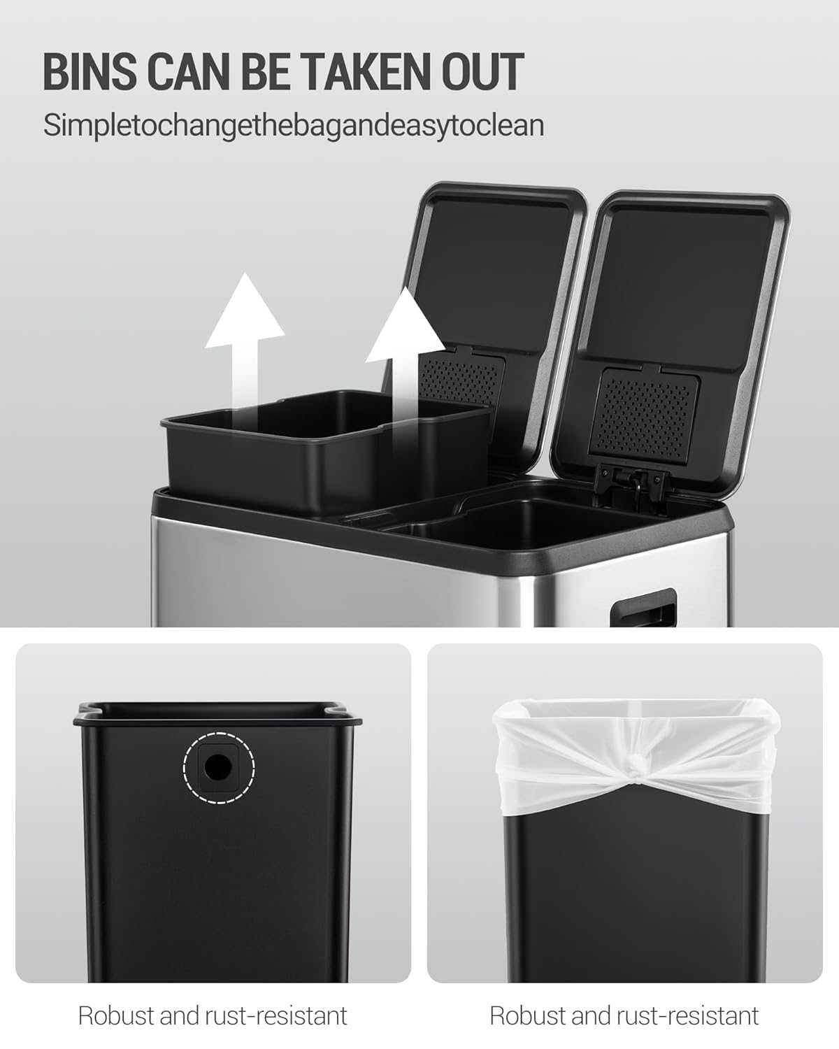Hzuaneri Kitchen Waste Bin, Waste Separation System (2 x 30 litres), Stainless Steel Kitchen Waste Bin with Color Coded Pedal, Silent and Slow Baging, Includes 15 Waste Bags, Silver Color SW23099E