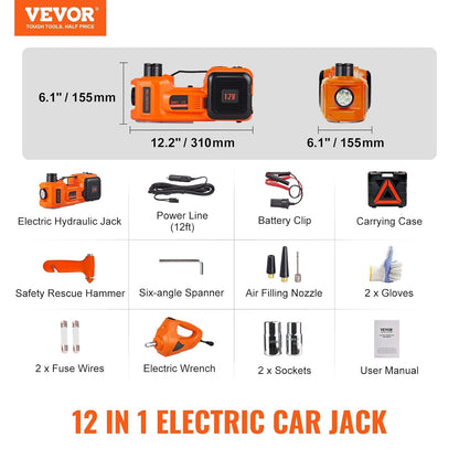 VEVOR 5T 12V DC elektrische hydraulische auto krik automatische lift 155-450 mm heffen Jack met slagmoersleutel LED Lamp Tyre Inflator voor langs de weg band wisselaar SUV Hatchback