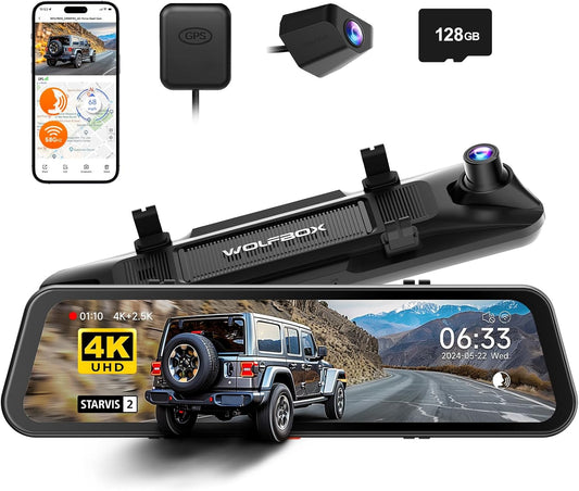 WOLFBOX G900 PRO 12" Achteruitkijkspiegel Dashcam met STARVIS 2 IMX678, 5.8GHz WiFi, 4K+2.5K Achteruitrijcamera, Gratis 128GB Kaart, Spraakbediening, G-Sensor & GPS, Loop Recording