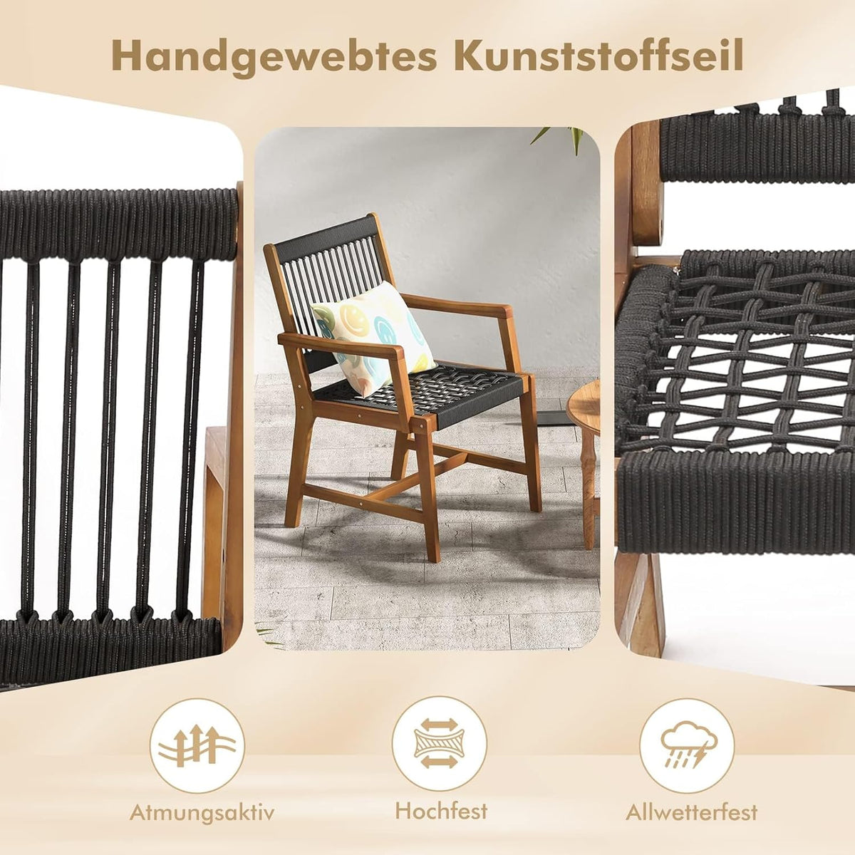 FANTASK Terrasstoelen van acaciahout met vlechtwerk, set van 2 balkonstoelen en tuinstoelen met rugleuning en armleuning, voor tuin, terras en balkon, draagvermogen 160 kg