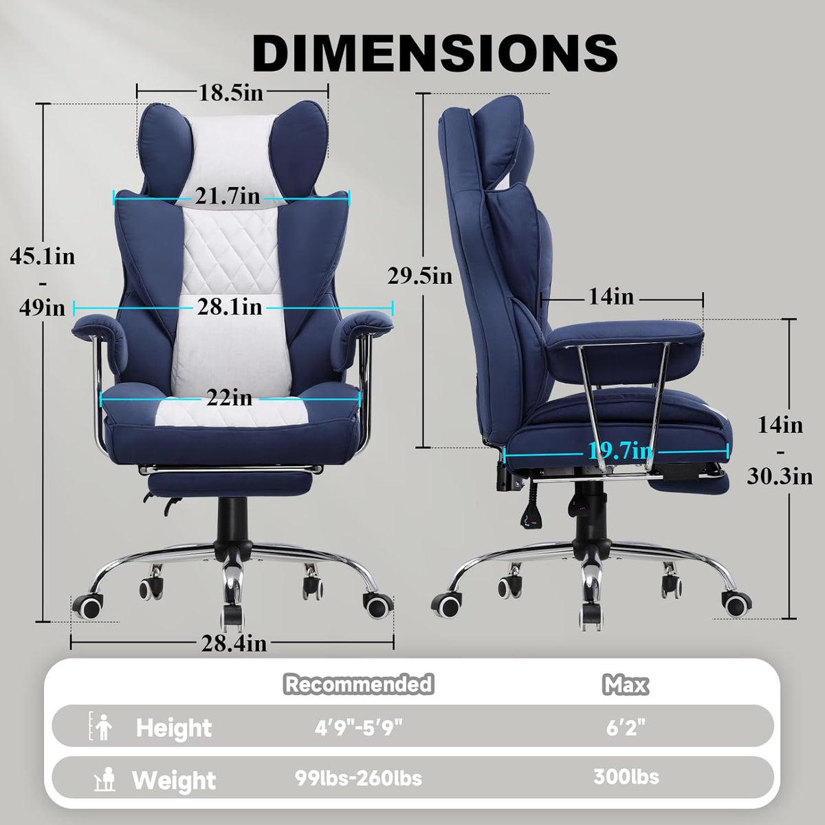 GTPLAYER Ergonomic Gaming Chair, Adjustable Gaming Chair, Office Chair with Footrest, Adjustable Backrest, for Work and Game, Technical Fabric, Dark Blue - QUORE