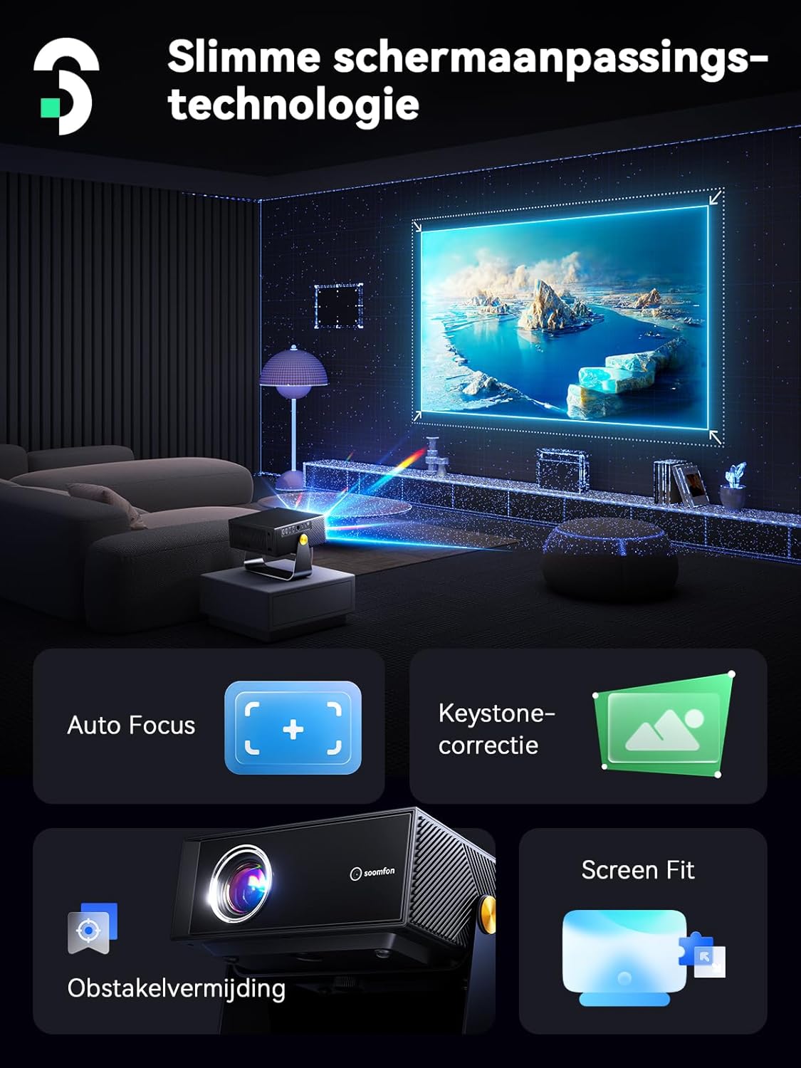 SOOMFON Smart Beamer 4K thuisbioscoop, kleine beamer voor mobiele telefoon, autofocus en trapeziumcorrectie, mini-projector met wifi en Bluetooth met Fire Stick/Smartphone/PS5/thuisbioscoop/outdoor