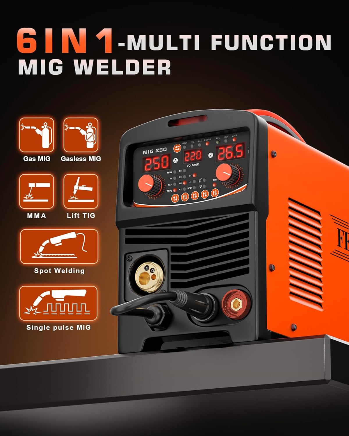 Soldering station filled wire, 250A, 230V, 6-in-1, without gas, MIG/MMA/lift TIG/lWelding point/single pulse IGBT inverter welding machine Mig without gas with fast wire feed gas control - QUORE
