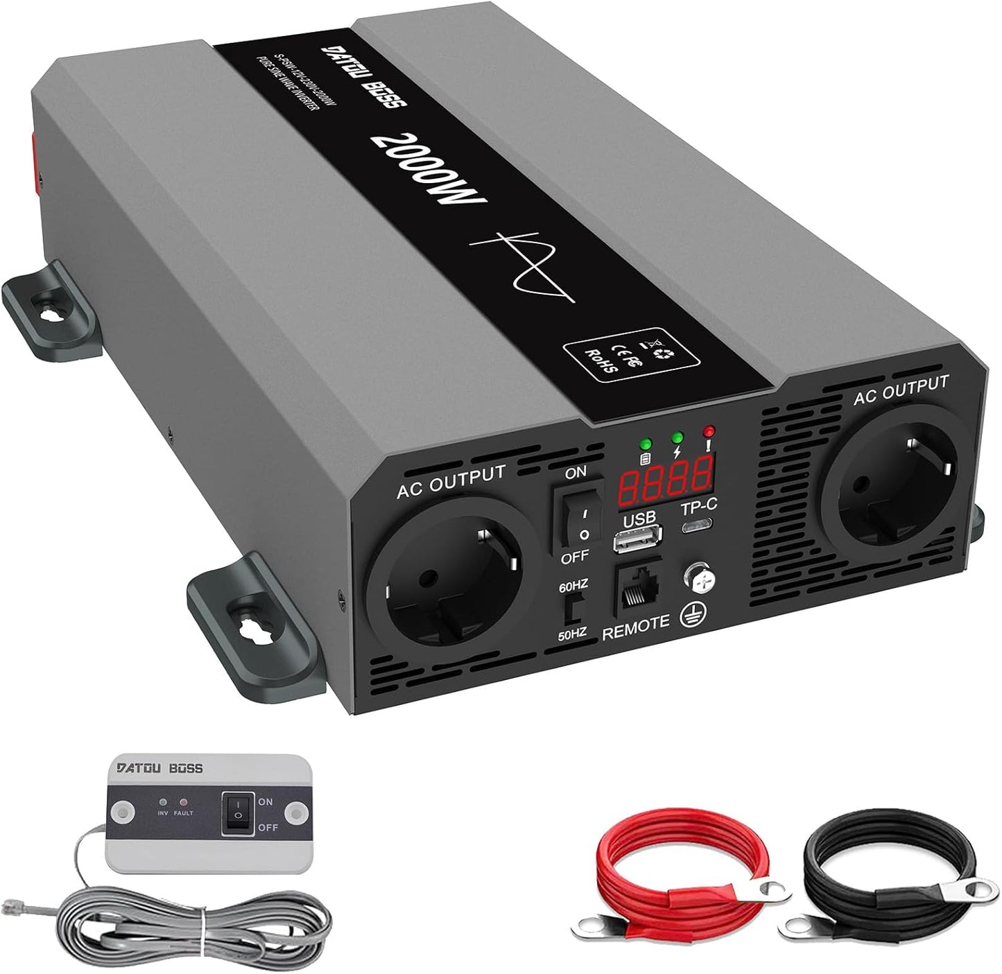 DATOUBOSS Omvormer 12V 230V 2000W Piek 4000W Zuivere Sinusgolven Omvormer, Vermogensomvormer met 2 EU Stopcontacten, USB/PD Uitgang en LCD Scherm. Geschikt voor Camper, Auto
