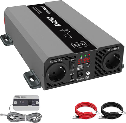 DATOUBOSS Omvormer 12V 230V 2000W Piek 4000W Zuivere Sinusgolven Omvormer, Vermogensomvormer met 2 EU Stopcontacten, USB/PD Uitgang en LCD Scherm. Geschikt voor Camper, Auto
