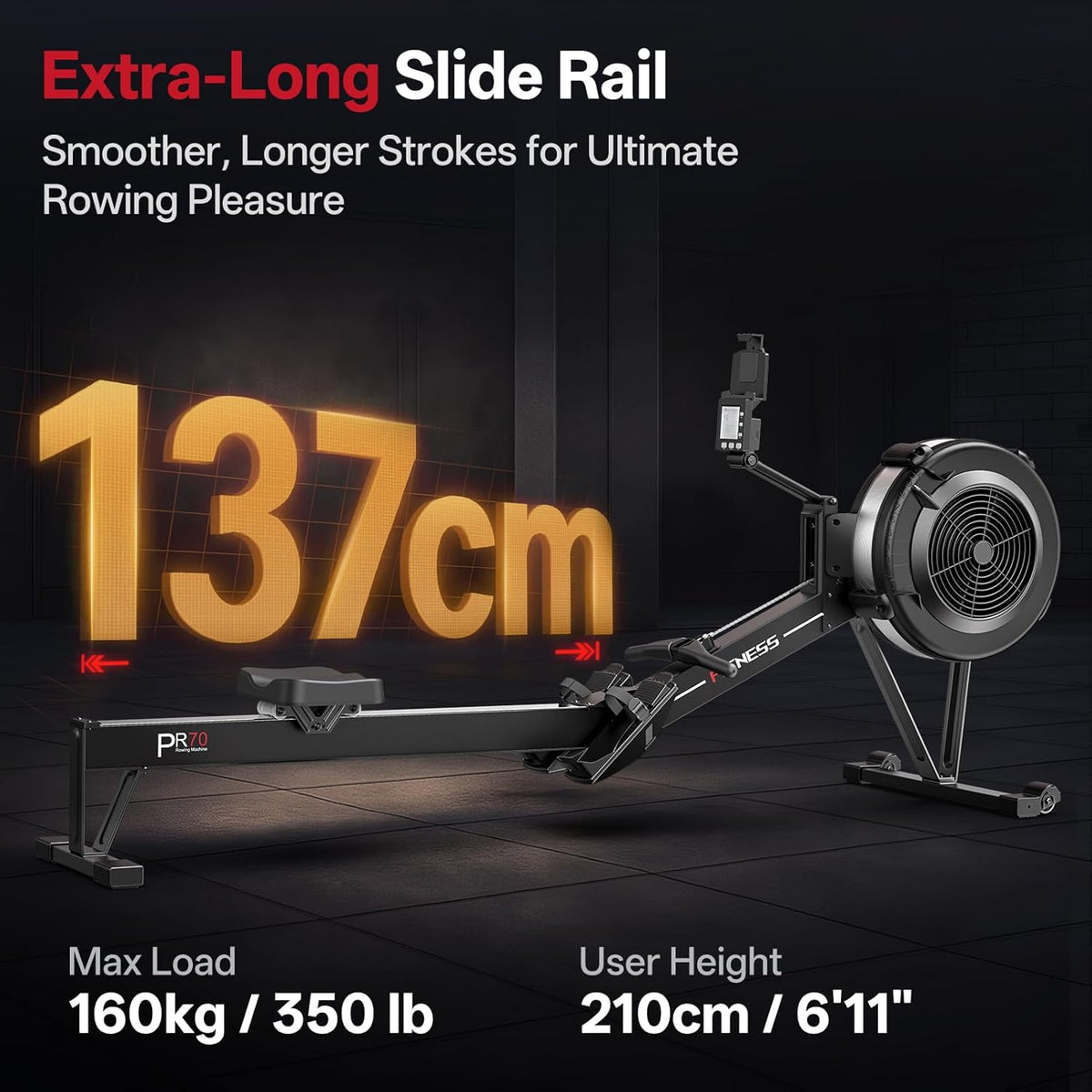 PASYOU Rowing Machine, Air Resistance Rowing Machines for Home Use 10 Gears Adjustable, Super Silent Rowing Machine with Bluetooth & Smart Backlit Monitor (350LB Load Capacity) - QUORE