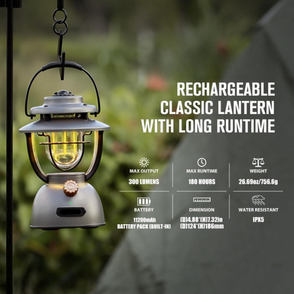 Campinglamp - Kampeerlamp - Retro Stijl LED-lantaarn - Dimbare - Draagbare - met Noodstroombank - USB-C & A Oplaadbaar - voor Buiten - Camping - Noodsituatie - IPX5 Waterdicht - 300Lm - 11200 mAh - Grijs