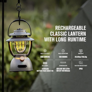 Campinglamp - Kampeerlamp - Retro Stijl LED-lantaarn - Dimbare - Draagbare - met Noodstroombank - USB-C & A Oplaadbaar - voor Buiten - Camping - Noodsituatie - IPX5 Waterdicht - 300Lm - 11200 mAh - Grijs