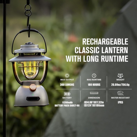 Campinglamp - Kampeerlamp - Retro Stijl LED-lantaarn - Dimbare - Draagbare - met Noodstroombank - USB-C & A Oplaadbaar - voor Buiten - Camping - Noodsituatie - IPX5 Waterdicht - 300Lm - 11200 mAh - Grijs