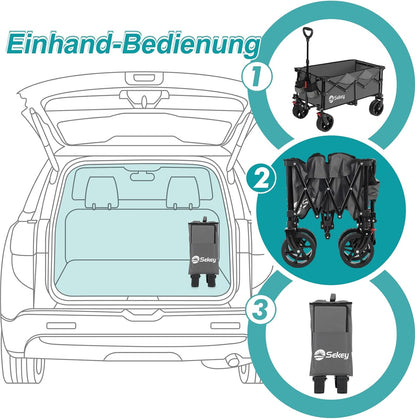 Sekey XXL opvouwbare handkar met uitklapbare achterklep 135L & 200L, opvouwbare handkar opvouwbare vistrolley opvouwbaar vanuit VIER richtingen tot 150KG, SE4019, Grijs