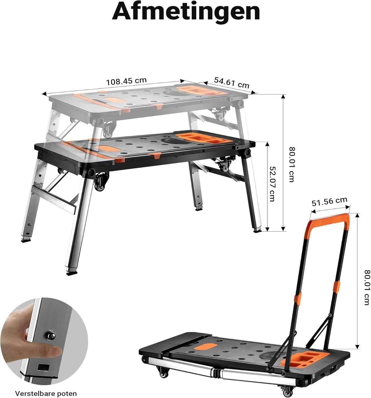 Wiltec werktafel 7-in-1 multifunctionele werkbank als zaagbok werkplatform rolplank transportwagen handkar ligkar trolley steiger van aluminium staal plastic met remmen en haak