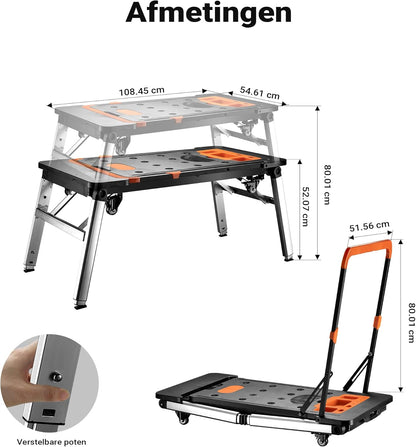 Wiltec werktafel 7-in-1 multifunctionele werkbank als zaagbok werkplatform rolplank transportwagen handkar ligkar trolley steiger van aluminium staal plastic met remmen en haak