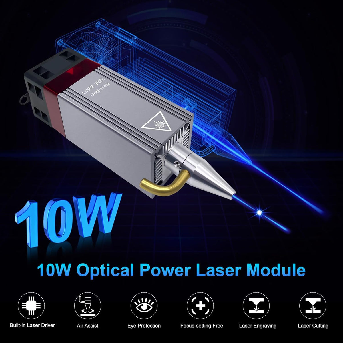 Verbeterde 10W lasermodule-kit met luchthulp en magnetische oogbescherming, LASER TREE 80W laserkop dubbele ultrafijne gecomprimeerde spot compatibel met lasergraveermachine, 12V