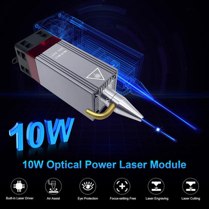 Verbeterde 10W lasermodule-kit met luchthulp en magnetische oogbescherming, LASER TREE 80W laserkop dubbele ultrafijne gecomprimeerde spot compatibel met lasergraveermachine, 12V