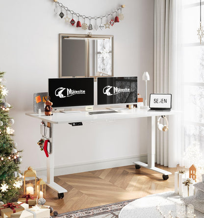 MAIDeSITe Height Adjustable Desk (140 x 70cm) Easy to Assemble Desk Height Adjustable Electric with 4 Memory Buttons and Memoboard and 360° Wheels Desk SN1 - QUORE