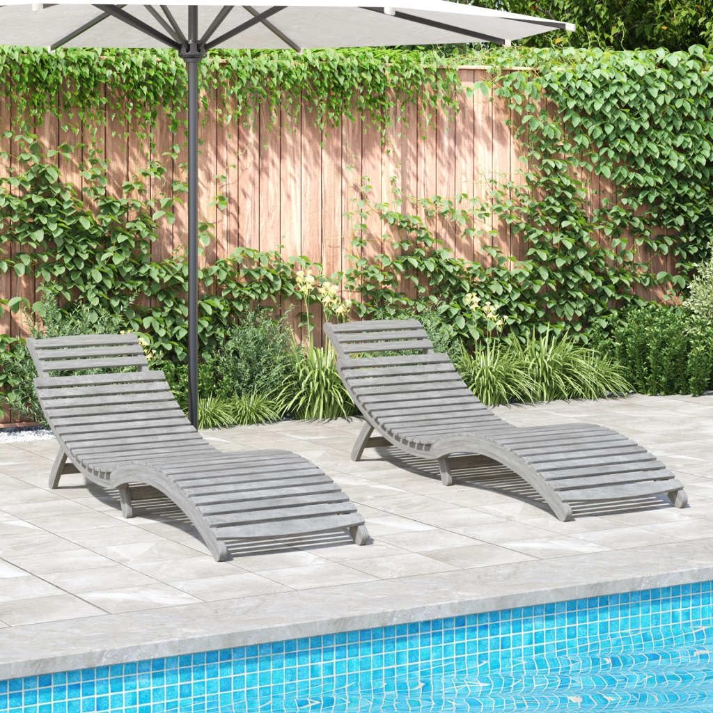 Houten Ligbedden – Tuinbed – Zonnebed – Ligstoel – Lounger – Set Van 2 – Massief Acaciahout – Inklapbaar – Grijze Afwerking – 184x55x64 cm