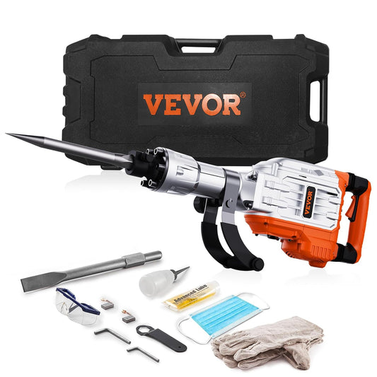 VEVOR Demolition Hammer, 3500W, Hammer, 60J 1900BPM, Hammer Drill with 2 Interchangeable Chisels, 360° Rotating Handle, Anti-Vibration, Concrete Crusher for Chiseling, Construction, Plumbing