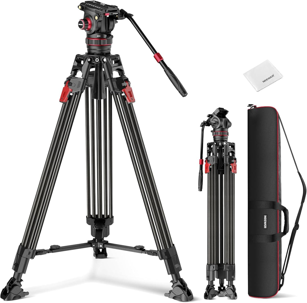 NEEWER 78 inch videocamera statief koolstofvezel met demping verstelbare vloeistofkop, één stap snelontgrendeling, QR-plaat/handgreep/reinigingsdoek, zwaar belastbare statiefstandaard voor