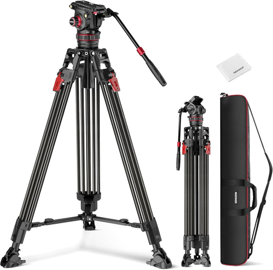 NEEWER 78 inch videocamera statief koolstofvezel met demping verstelbare vloeistofkop, één stap snelontgrendeling, QR-plaat/handgreep/reinigingsdoek, zwaar belastbare statiefstandaard voor