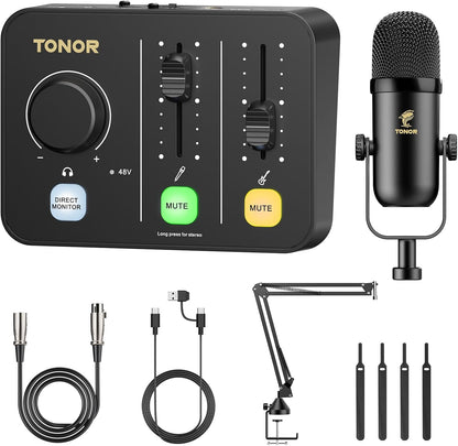TONOR Podcast-Apparatuurpakket, Mixer met Dynamische Microfoon en Microfoonarm, XLR-Microfoon met Studio-Audio-Interface, Microfoonarm, Alles-in-één Pakket voor Opnemen, Streamen, POD-1