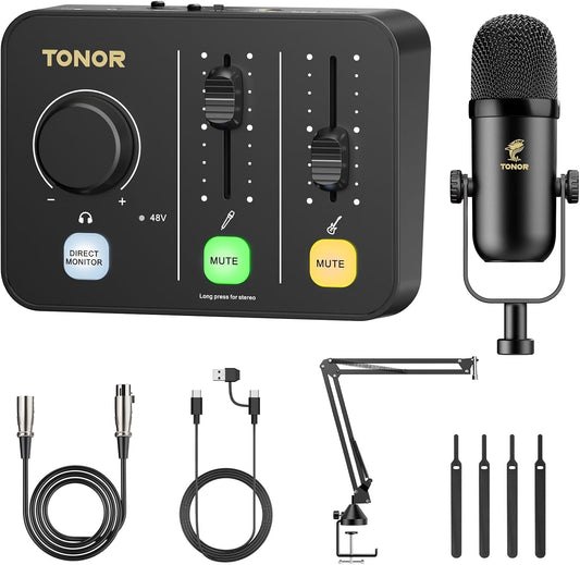 TONOR Podcast-Apparatuurpakket, Mixer met Dynamische Microfoon en Microfoonarm, XLR-Microfoon met Studio-Audio-Interface, Microfoonarm, Alles-in-één Pakket voor Opnemen, Streamen, POD-1