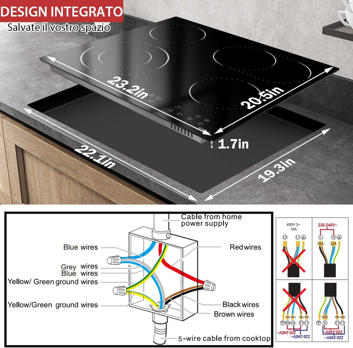 Hobsir Keramische kookplaat, 4 zones, 6600W, 60cm, inbouwplaat, flexibele instelling van de kookzone, timer, veiligheidsvergrendeling, Geen stekker