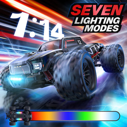 DEERC Op afstand bestuurde auto, 1:14, borstelloze motor, 75 km/u, 4WD RC monstertruck met gekleurd licht, 2 accu's, 2,4 GHz all-terrain raceauto, crawler speelgoed, cadeau voor kinderen