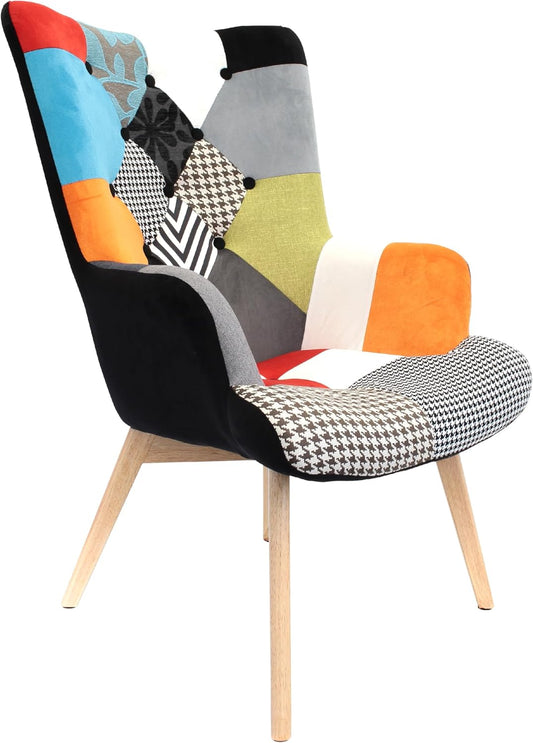 THE HOME DECO FACTORY - HD3610 -Fauteuil Siege Salon Salle A Manger Patchwork Multicolore Bois Tissu Scandinave- 66 x 72 x 99.5 cm