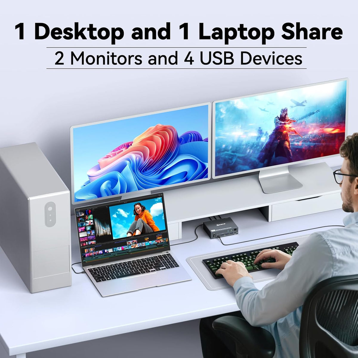 KVM Switch 2 Monitoren 1 Desktop 1 Laptop 4K@60Hz, 7 in 1 Dual Monitor KVM Switch Docking Station, 2 HDMI Displays Uitbreiden, 4 USB 3.0, PD 80W, met Bekabelde Afstandsbediening en USB C Kabel