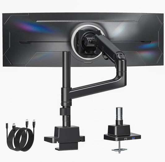 monTEK Zware Enkele Monitorarm voor 17-57 inch Schermen tot 27 KG, Gasveer Dubbele Gebogen Verstelbare Monitorstandaard voor Bureau, 75/100mm VESA-bevestiging met USB, Zwart
