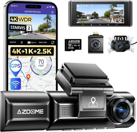 AZDOME 3 lens dashcam 4K+1080P+2.5K auto camera met wifi, GPS, 4K camera voor, super nachtzicht, parkeerbewaking, loopopname, WDR, G-sensor, 3,19 inch IPS-scherm voor Taxiis (M550 MAX)