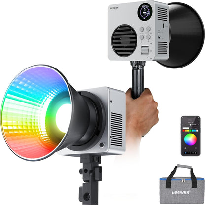 NEEWER 80W RGBWW LED videolamp met reflector en 72Wh accu, APP/2.4G besturing 18 effecten 10400lux/m 2500K-7500K 100W PD snel opladen Mini RGB COB continu licht Bowens houder HB80C